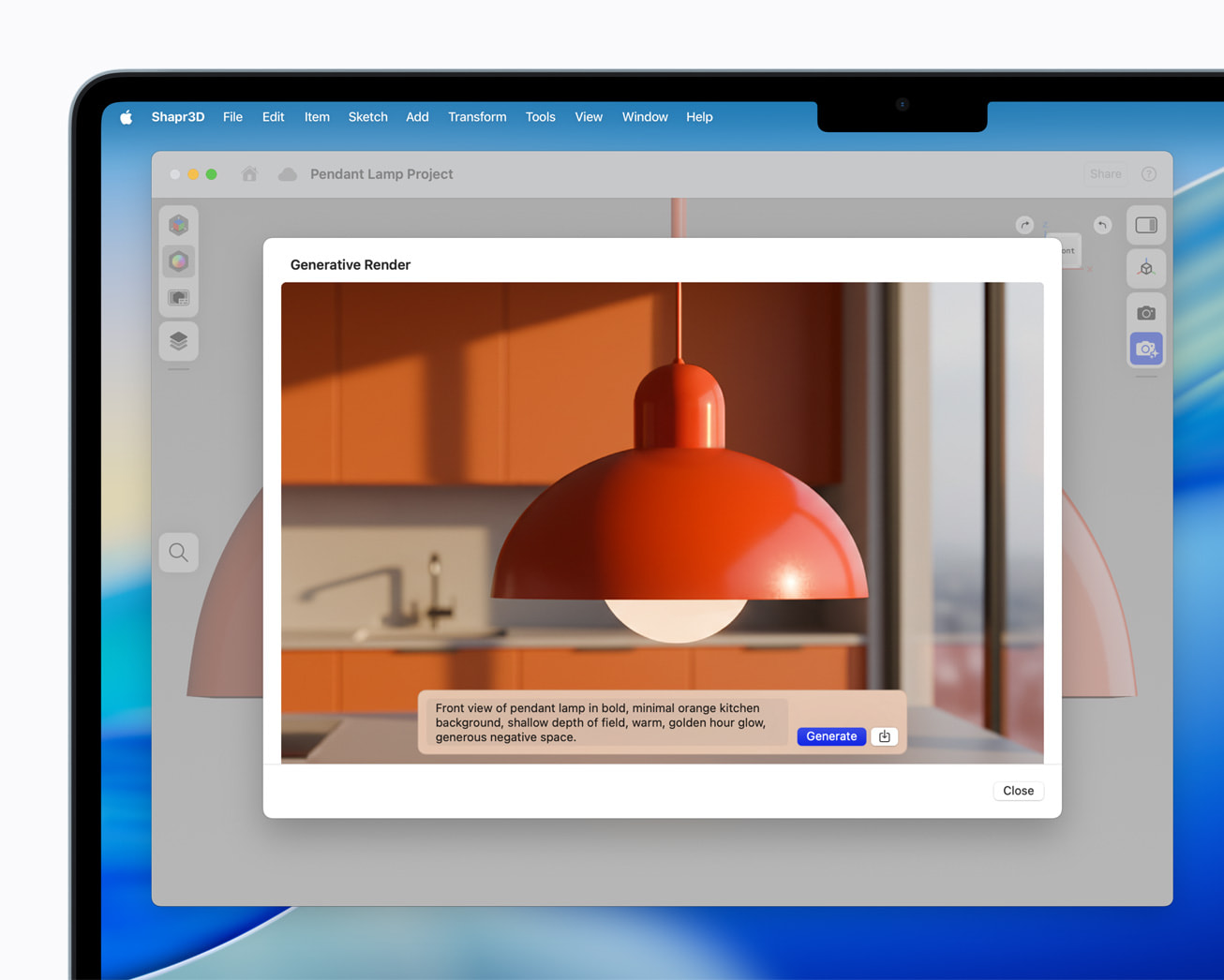 Shapr3D의 램프 렌더링 화면을 표시한 MacBook Air 공식 제품 이미지