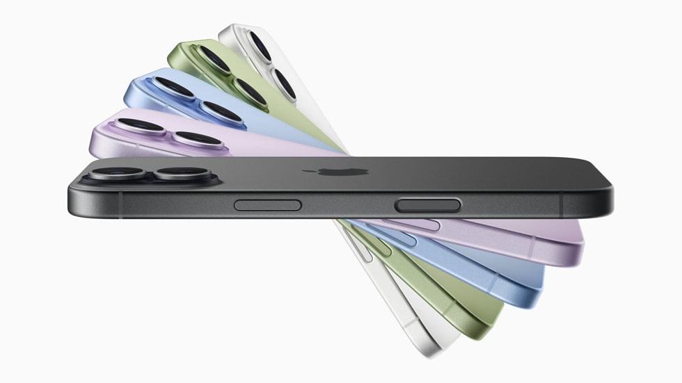 라벤더, 블루, 세이지, 화이트, 블랙 색상의 iPhone 17 공식 제품 이미지