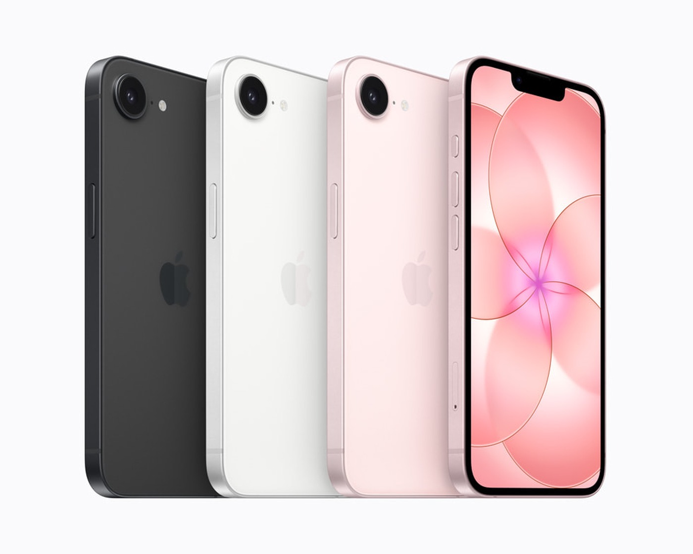 블랙, 화이트, 소프트 핑크 색상의 iPhone 17e 공식 제품 이미지
