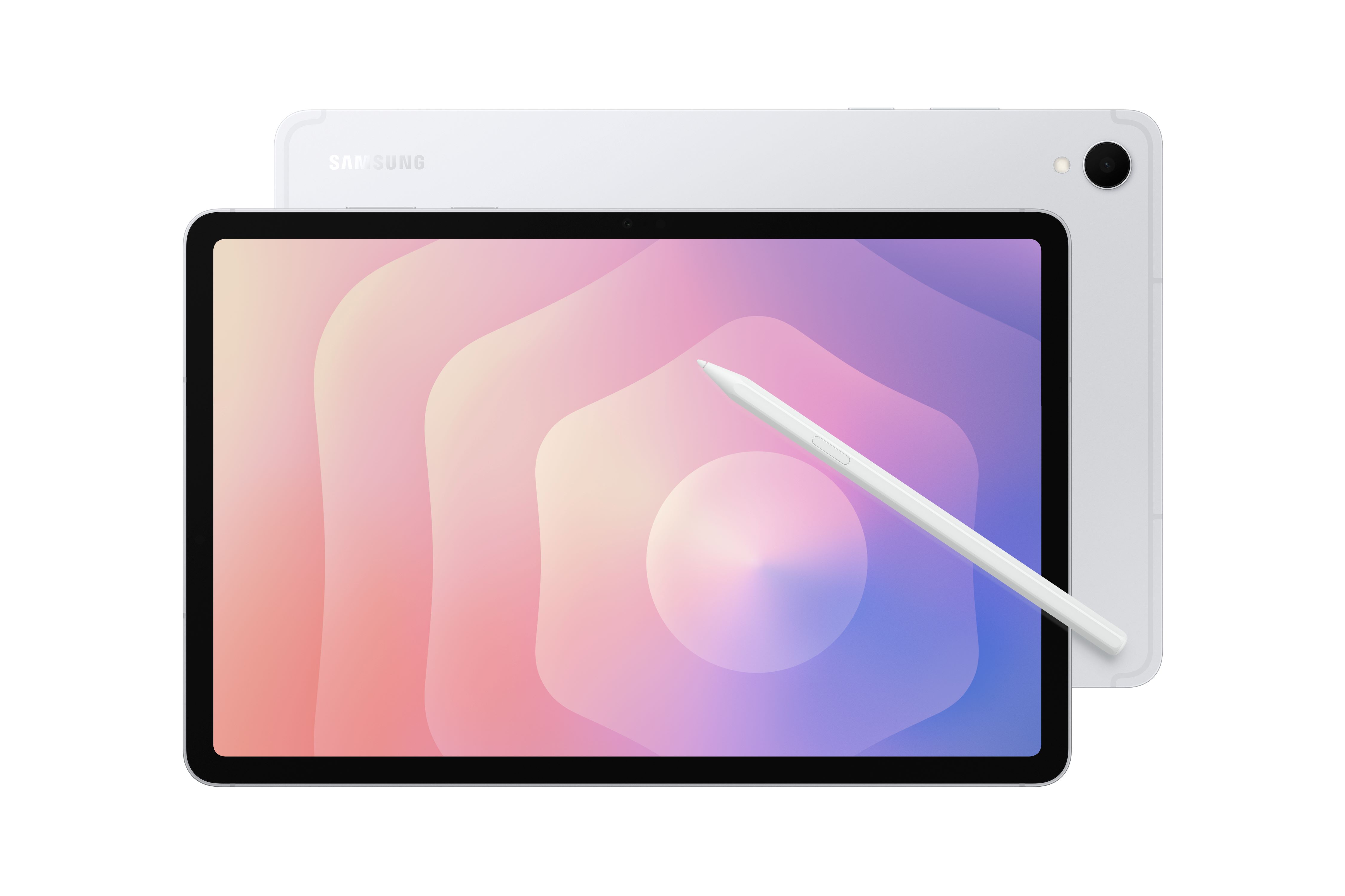 실버 색상 Galaxy Tab S11의 앞면과 뒷면, S Pen