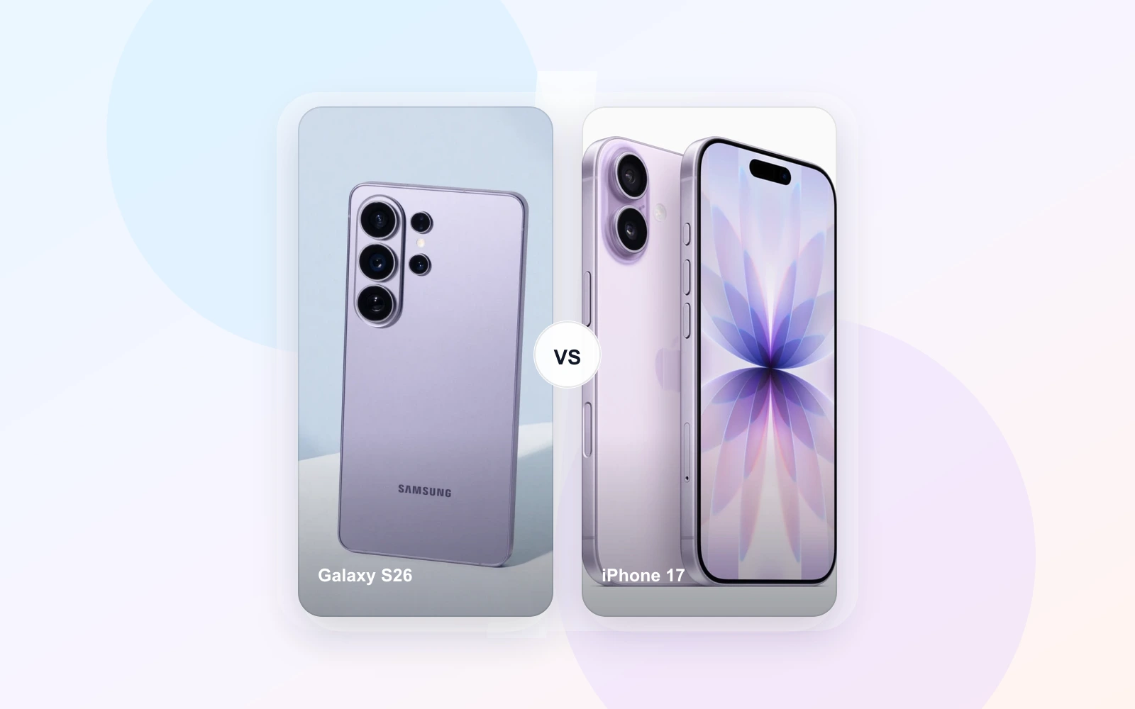 왼쪽에는 갤럭시 S26 후면, 오른쪽에는 iPhone 17 앞면과 뒷면을 나란히 배치한 비교 이미지