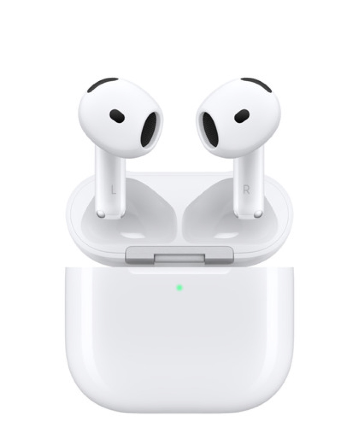 정면에서 본 AirPods 4와 충전 케이스