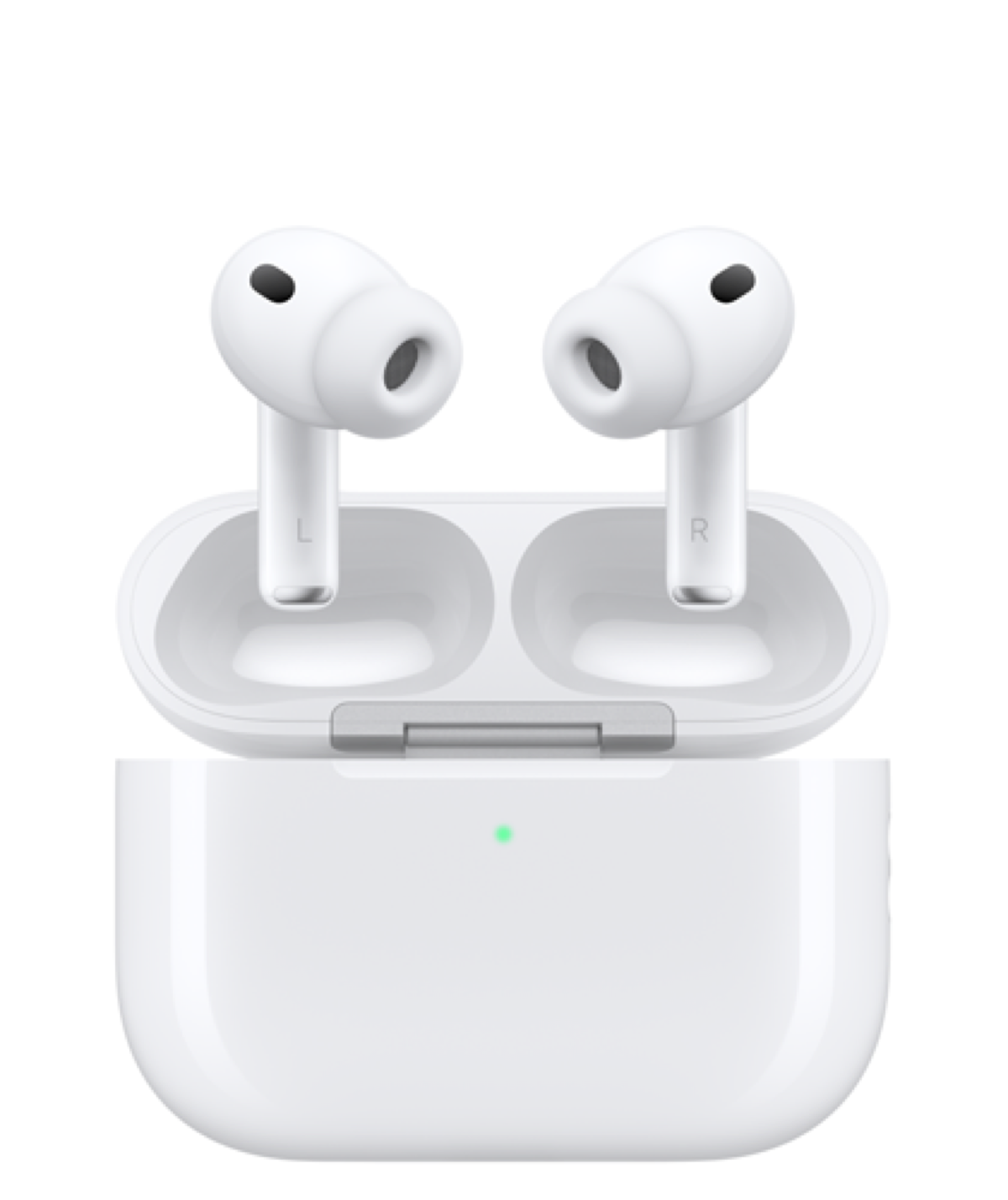 정면에서 본 AirPods Pro 3와 충전 케이스